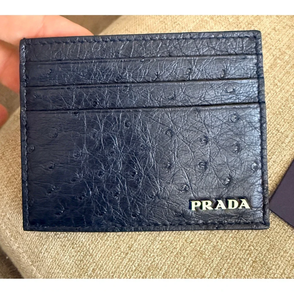 Prada Bleu Ostrich Leather Card Holder Wallet 2MC223‎ Struzzo Navy Blue Italy